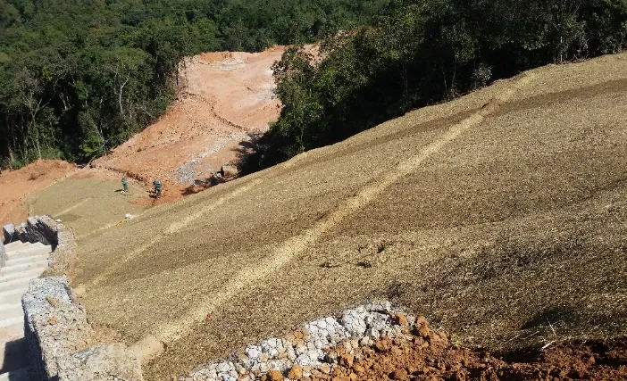 Retentores de sedimentos em talude tratado com manta vegetal